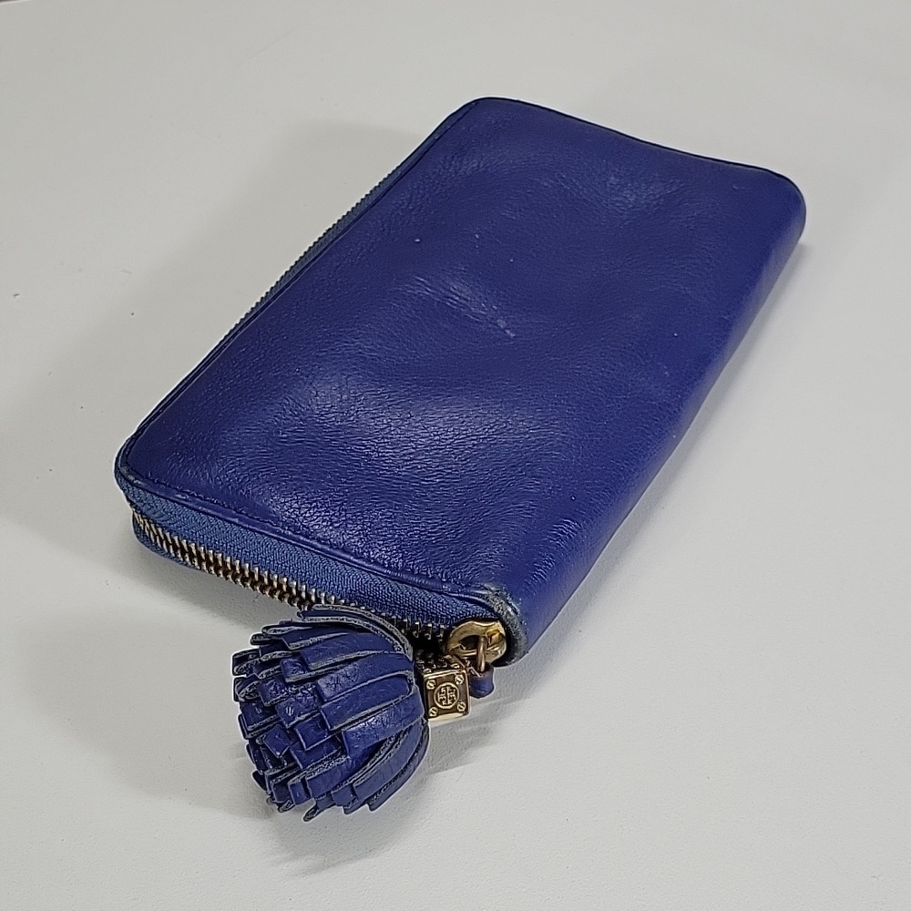 Tory Burch Royal Blue Leather Zip-Around Wallet with Tassel Pull - Picture 4 of 12